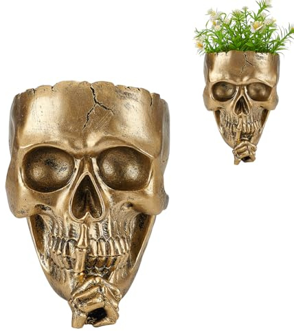 arricraft 1 Set Pflanzgefäß Zum Aufhängen An Der Wand Mit Goldenem Totenkopf Hängende Totenkopfvase Einzigartiger Blumentopf Mit Gesicht Kopf Pflanzgefäß Kunstharz Skelett Gotische Blumentöpfe