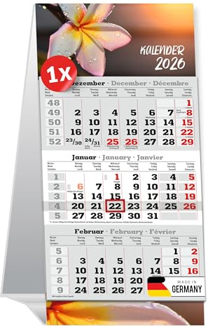 PRIMUS PRINT Tischaufstellkalender 2026-3 Monatskalender zum Aufstellen - Tischkalender, Schreibtischkalender, Stehkalender - 95x194mm, 70g Naturpapier, Inkl. Datumsschieber [Einzeln - Magnolie]