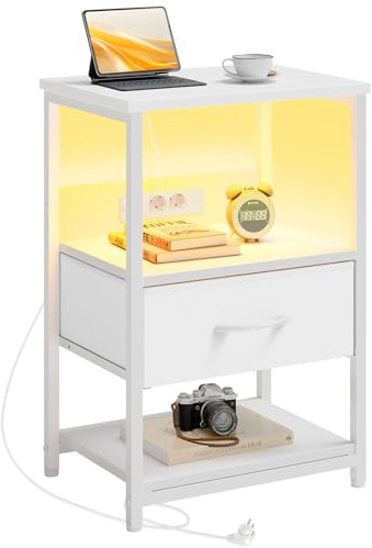 Seventable Nachttisch mit LED & Steckdose, Moderner Nachtschrank mit Stauraum,einfach montierbar, Beistelltisch für Wohnzimmer, Schlafzimmer & kleine Räume, weiß