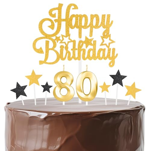 mciskin Gold Birthday Candles Set,Women Men 80th Birthday Decorations,Golden Number 80 Candle for Cake,Gold Candles Cake Toppers with Star for Women Men Birthday Party Anniversary Decorations