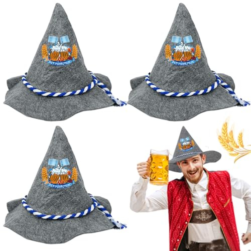 Sombrero de Baviera de Fieltro, 3 Piezas Sombreros Tradicionales de Baviera, Sombrero Trachten para Oktoberfest con Cordón Azul Blanco, Sombrer-o de Disfraz Tradicional para Oktoberfest
