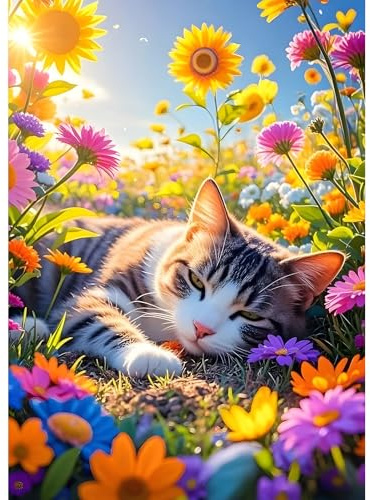 DPHERO DIY Schlafende Katze Diamant Painting Kits Bilder für Erwachsene Anfänger,5D Sonnenschein Diamond Painting Set,DIY Runde Steine Blumen Diamant Kunst Kits, Diamond Art für Zuhause Dekor 30x40 cm