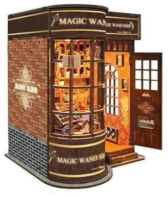 Book Nook Kit für Erwachsene, Booknook DIY Miniatur Haus Kit, 3D Holzpuzzles für Erwachsene, Holzgeschenke für Buchliebhaber Frauen Freunde - Magic Wand Shop (Ohne Batterie)