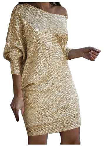 Generisch Elegante vestido midi de lentejuelas con cuello en V para mujer, elegante vestido de fiesta con hombros descubiertos para primavera y verano, dorado, XL