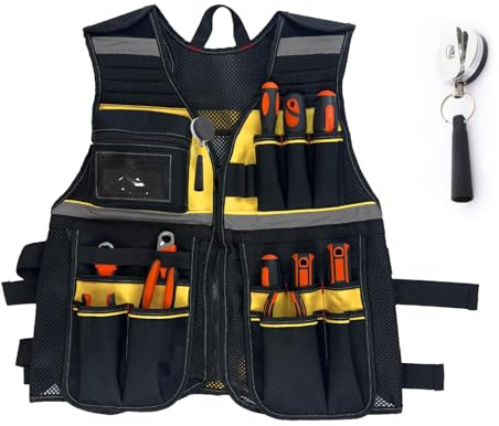 TTSITG Adjustable Tool Vest for Men, 25 Pockets, Reflective Work Vest for Electricians, Carpenters & Construction Workers