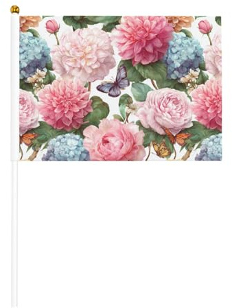 Banderas pequeñas de mano con rosas y flores de dalia, mini banderas en palo para fiestas, actividades de equipo, desfiles, decoración de vacaciones, paquete de 10