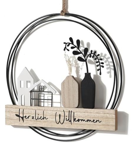 Optyuwah Türkranz Trockenblumenkranz - Türkranz Herzlich Willkommen | Trockenblumen Fensterdeko Hängedeko personalisiert Dekokranz mit Willkommensschild Vase und Haus ø28cm Wandschmuck
