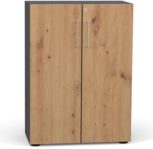 Flügeltürenschrank Cabino 80×42×110 cm – abschließbarer Aktenschrank 3OH in Graphit/Asteiche mit 110° Drehtüren & Metallgriff