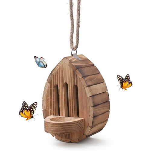 Monwssoe Casa de Mariposas para Exterior, hábitat y alimentador de Mariposas de Madera en Forma de lágrima con Cuerda para decoración de jardín
