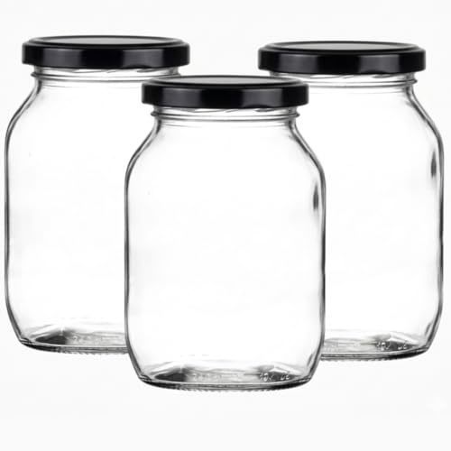 Half Gallon Glass Pickle & Fermenting Jar (2.27L) | Packs of 3-100 with Gold, Black or Silver Twist-Off Lids | Large Airtight Preserve Jars | J&B (3, black)