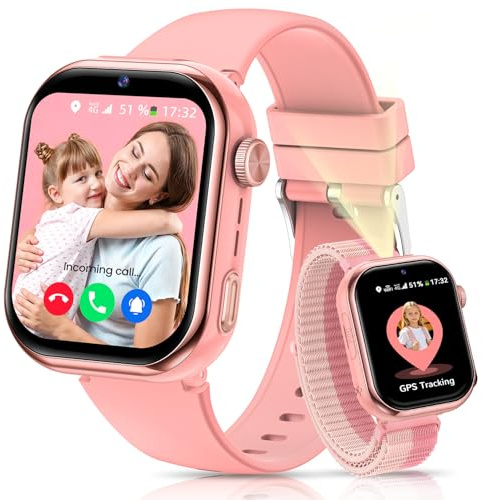 Smartwatch Kinder mit GPS und Telefon, Kinderuhr mit SIM, Videoanrufe, Sprachchat, Schulmodus, SOS SMS Schlafmonitor, IP68 Wecker Schrittzähler Taschenlampe Kinder Smartwatch für Mädchen Jungen, Rosa