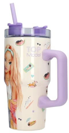 Depesche 13966 TOPModel Sunny Dog - to-Go Becher aus Edelstahl, in Lila und Weiß, Model Motiv und Hunde-Muster, Getränkebecher mit Strohhalm, Isolierung und Griff, Fassungsv. ca. 500 ml