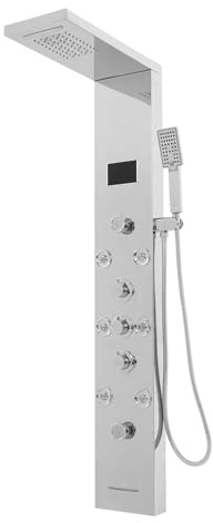 Panel de ducha LED 6 en 1, cascada y ducha de lluvia, núcleo de válvula de cerámica, ducha de lluvia con ducha de cabeza y ducha de mano (plata)