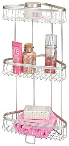 mDesign Pratico portaoggetti doccia ad angolo – Portasapone, porta shampoo e bagnoschiuma con tre ripiani – Porta accessori doccia in metallo – argento opaco