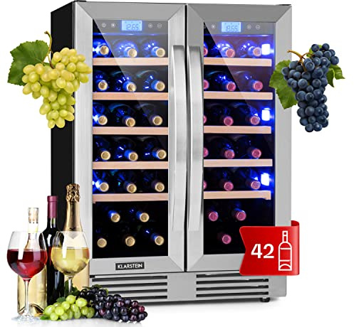 Klarstein Vinovilla Duo42, Cave à vin, Réfrigérateur à boissons, Volume: 126 L, 2 x 5 layettes en bois, Éclairage intérieur à LED en 3 couleurs sélectionnables, 2 zones de refroidissement, noir