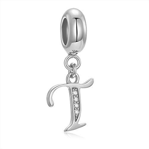 Buchstaben-Perlen aus echtem 925er-Sterlingsilber, Alphabet-Kristall, passend für europäische Armbänder und Halsketten Buchstabe T
