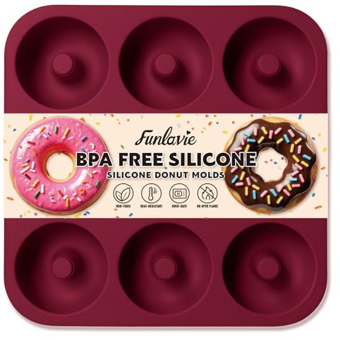Large Silicone Donut Pan for Baking, 9 Cavity Non-Stick Food Grade Silicone Donut Molds, Doughnut Pan and Bagel Pans for Baking & Kitchen, BPA Free 11.2 x 11.1 Inches, Dishwasher Safe - Claret Red