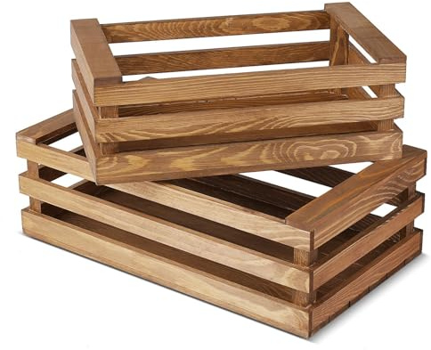 Flexzion Dekorative Holzkisten Aufbewahrungskiste Vintage-Holz Aufbewahrungskiste rustikal Stil Home Decor Display Tablett mit offenem Oberteil Träger Bequeme Nistkästen mit Griff - 2er Satz, Grau