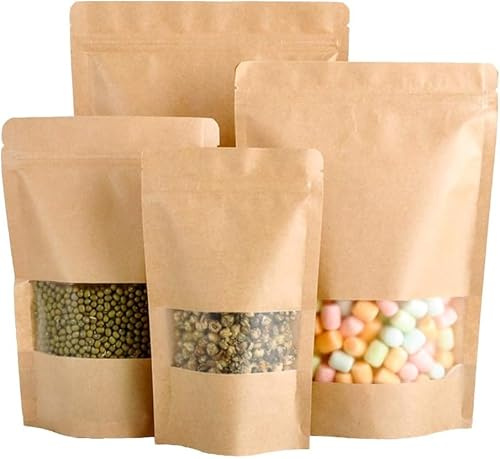 Lot de 50 Sachets Kraft Alimentaires Zip avec Fenêtre – Sacs Debout Étanches Anti-Humidité, Réutilisables pour Stockage & Emballage – Café, Thé, Fruits secs, (17x24)
