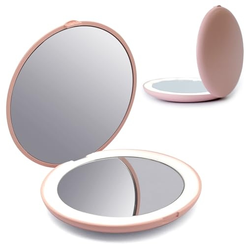 OMIRO LED Kompaktspiegel, 3½ Mini Taschenspiegel Beleuchtet, 1X/10X Vergrößerung Taschenspiegel, Make-up-Spiegel für Geldbeutel(Rosa)