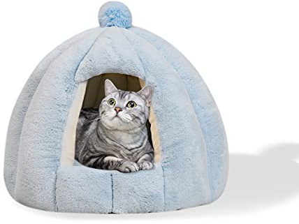 Galatée Katzenhöhlenbett, Waschbares Katzenkissenbett Mit rutschfeste Unterseite, Haustierbett Mit Abnehmbarem Waschbarem Innenkissen, Weiches Und Gemütliches Plüschkatzen-Iglu(M, Blau)