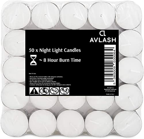 Avlash ® 8 Hour Tea Light Candles Pack of 50-8 Hour Burn Time - Shrink Wrapped, Unscented Tea Lights - White