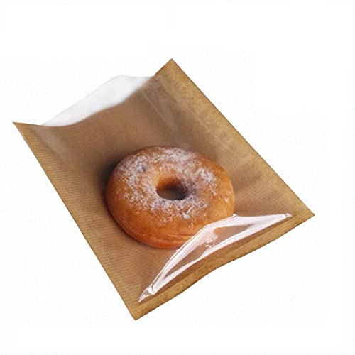 Venuscello® 1000 x Film Front Paper Bags Cellophane Clear Window Brown for Sandwich, Cake, Cookies, Dessert, Chocolate, Sweets & Other Foods - 7 x 7