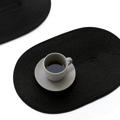 FunWheat Ovale geflochtene Platzsets, 4er-Set, Tischsets für Esstische, waschbar, hitzebeständig, für drinnen und draußen, 30,5 x 45,7 cm (oval, schwarz, 4 Stück)
