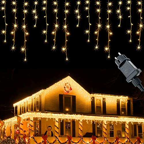 Rideau Lumineux Noel Extérieur 5M 200LEDs Guirlande Lumineuse Exterieur 8 Modes Decoration Noel Exterieure Rideau Lumineux acec Timer Étanche IP44 pour Noël, Mariage, Fête, Balcon, Toit, Blanc Chaud