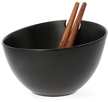 HOMLA Mooka - Ensaladera de cerámica con accesorios, cuenco para servir, vajilla, decoración de mesa, plato de postre, plato de postre, color negro brillante, 24 cm