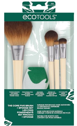EcoTools Core Five, kit di pennelli e spugna per ombretto, fard, bronzer, eyeliner e fondotinta, spugna per sfumare il trucco, set da 5 pezzi