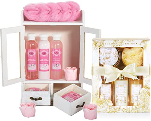 BRUBAKER Cosmetics 2 in 1 Pflegeset Kirschblüte & Vanilla Rose Minze - Großes 15-teiliges Wellness Set - Damen Dusch- und Badeset - Frauen Beauty Geschenkset mit Deko Holzschrank