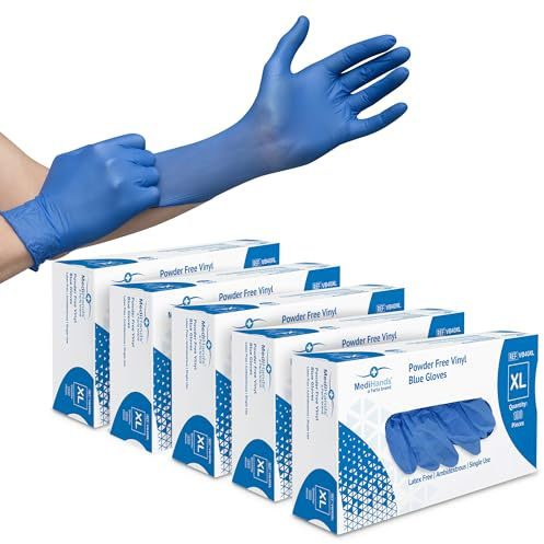Farla MediHands Blue Extra Large Vinyl Examination Gloves - Box of 500 Disposable, Powder-Free, Latex-Free, Protein-Free Medical Gloves - Multi-Purpose, Single-Use