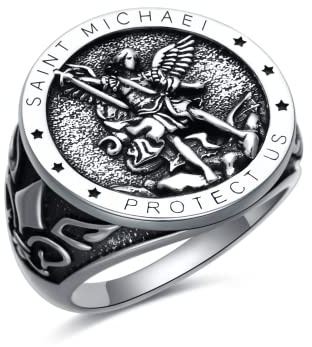 Shusukue Anillo de San Miguel de plata de ley 925, arcángel San Miguel, amuleto del santo patrón, medallas, monedas de oración, anillo religioso cristiano para hombres, padre, marido, novio, 9, Plata