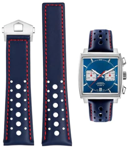 FOUUA Uhrenarmband 22mm Kompatibel mit TAG Heuer Monaco Leder Echtleder-Uhrenarmband mit Blauen Schwarz Armband Uhrenarmband Ersetzen Kompatibel mit TAG Heuer Carrera Aquarace Serie