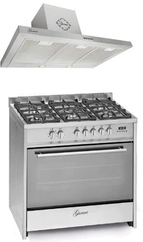 GURARI Gas Elektro Standherd GCH E 911 X Range Coocker 121L • 8 Funktionen • Erd-/Propangas +GCH F 461 IS 9 Prime 90 cm • Dunstabzugshaube 90 cm 1000m³/h Wandhaube in Edelstahl/Glas