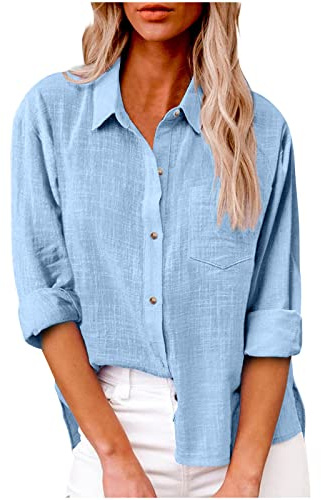 Yolimok Womens Long Sleeve Tops Casual Blouses Button Down Linen Shirts Collared Loose Oversized Summer Tops Dressy Blouses for Women UK Office Work Ladies Top Plus Size 8-22