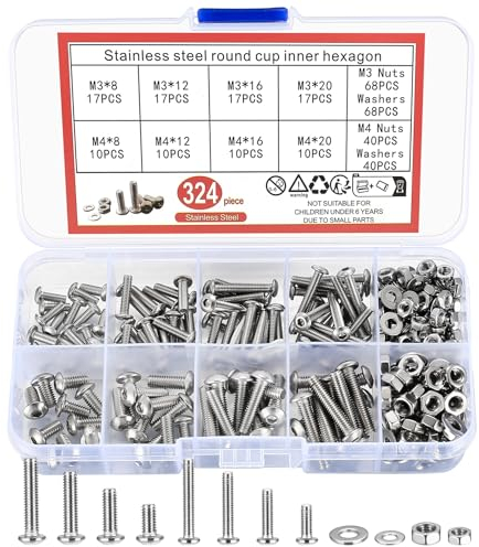 qxayxa 324-teiliges Schrauben Set, M3 M4 Innensechskant Schrauben Sortiment, Edelstahl Sechskantschrauben mit Muttern und Unterlegscheiben
