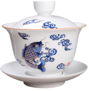 Woonsoon Jingdezhen - Taza de té de porcelana china Gaiwan hecha a mano de 7 onzas/200 ml de Kungfu, color blanco, esmaltada, Tureen chino Sancai, cubierta para labios, taza de labios, platillo, juego