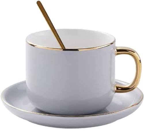 SuperglockT Goldrand Keramiktasse mit Untertasse und Löffel Moderne Espressotasse mit Goldem Henkel Porzellanbecher Teetasse für Café,Zuhause,Restaurant,Büro (Grau)