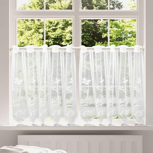 ZOLGINAH Visillo Cocina con Delicados Patrones de Mariposas y Flores,Cortinas Cocina Modernas con Ojales,Blanco Semitransparente Visillos Cortos para Ventanas Salon Dormitorio