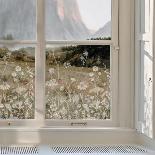 funlife Transparente Fensterfolie Botanische Sichtschutzfolie Fenster Verdickte Blumen Dekorative Fensterfolie Gänseblümchen und Wildblume 58 * 120cm