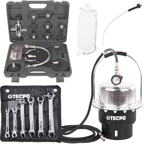 TECPO Bremsenentlüftungsgerät 5 Liter Druckluft Bremsenentlüfter Entlüftungsgerät KFZ Adapter 17-teilig + Offener Doppel-Ringschlüssel-Satz Bremsleitungsschlüssel Bremsschlüssel