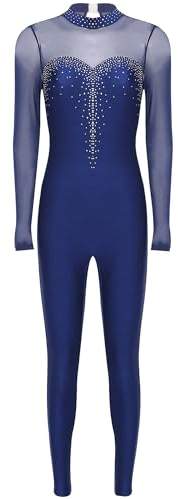 Hedmy Damen Turnanzug Langarm Strass Glitzer Gymnastikanzug Eiskunstlauf Anzug Patchwork Ganzkörperanzug Dancewear Navy blau M