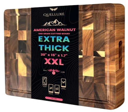 Tabla de cortar de grano de madera de nogal negro americano de 20 x 15 pulgadas para cocina con ranura para jugo, asas interiores, bloque de carnicero resistente, tabla de cortar de madera grande,
