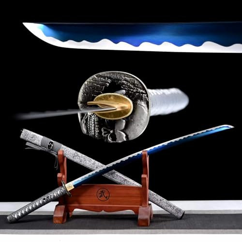 KWXPW 103cm Japanischer Samurai-Schwert,Manganstahl Klinge mit Blauer Prozess,Holzscheide,handgefertigt Katana,real Katana Swords für Kendo-Training,Geschenk,Dekoration,Cosplay,Festival,Ausstellung