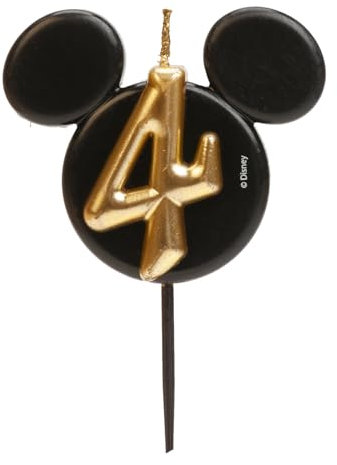 dekora - Micky Maus Geburtstagskerze aus Duftfreiem Paraffinwachs - Disney Zahlenkerzen mit Schwarzen und Goldenen Mickey Mouse Ohren - Größe 8,5 cm - Zahlenkerze Nummer 4