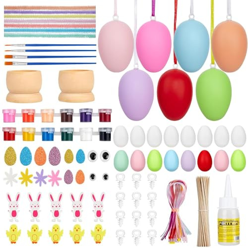 AXERHK 50PCS Easter Egg,DIY Easter Egg Kit, Plastic White Hanging Eggs & Colorful Ornament Eggs,Easter Crafts for Kids,Easter Gifts for Kids,Easter Decorations Party Favor