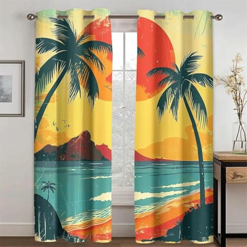 ZHENCHAO Verdunkelungsvorhänge im Retro-Stil mit Meerblick, Palmen, Küsten-Sonnenuntergang, Strandvorhänge für Schlafzimmer, Wohnzimmer, Küche, Balkon, Dekoration, 124 x 180 cm