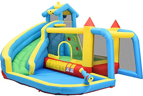 Aufblasbare Hüpfburg 5-in-1 mit Wasserrutsche, Sprungfläche, Wasserbecken, Fußballnetz & Basketballkorb – Outdoor Spielburg für Kinder 3-10 Jahre (Rot+Blau+Gelb+Grün, 364 x 315 x 239cm (L x B x H))